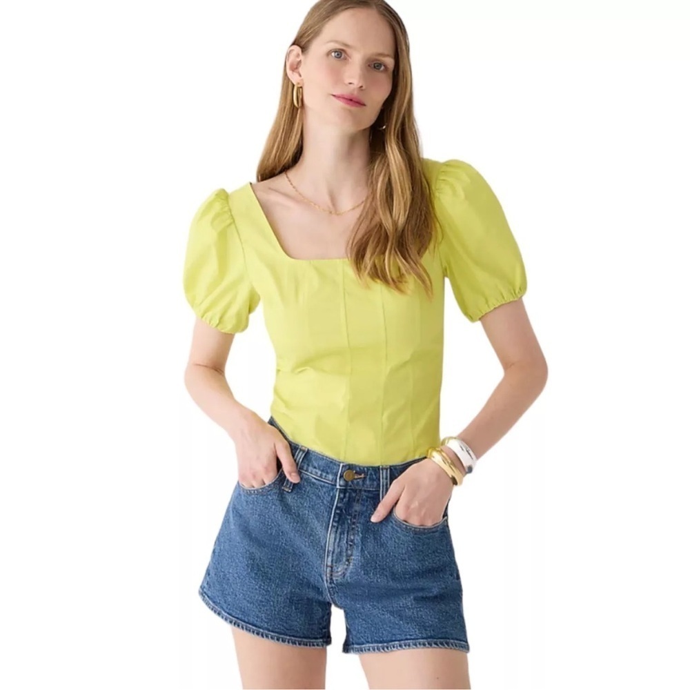 J Crew lemon‎ sorbet Puff-sleeve squareneck top in cotton poplin women’s …